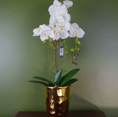 White Artificial Orchid Plant Gold Pot 54cm Real Touch