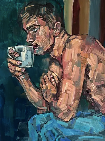 Young sexy man drinking coffee painting, gay oil painting