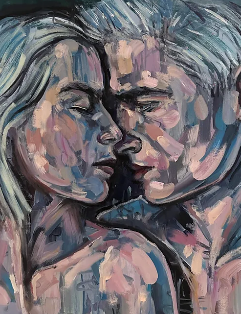 Naked man and woman couple painting